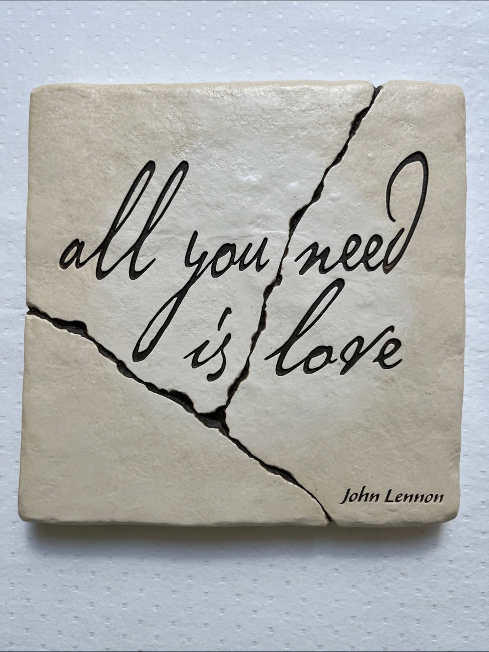 Vintage Mel V Inc John Lennon All You Need Is Love Faux Cracked Stone Plaque 8"